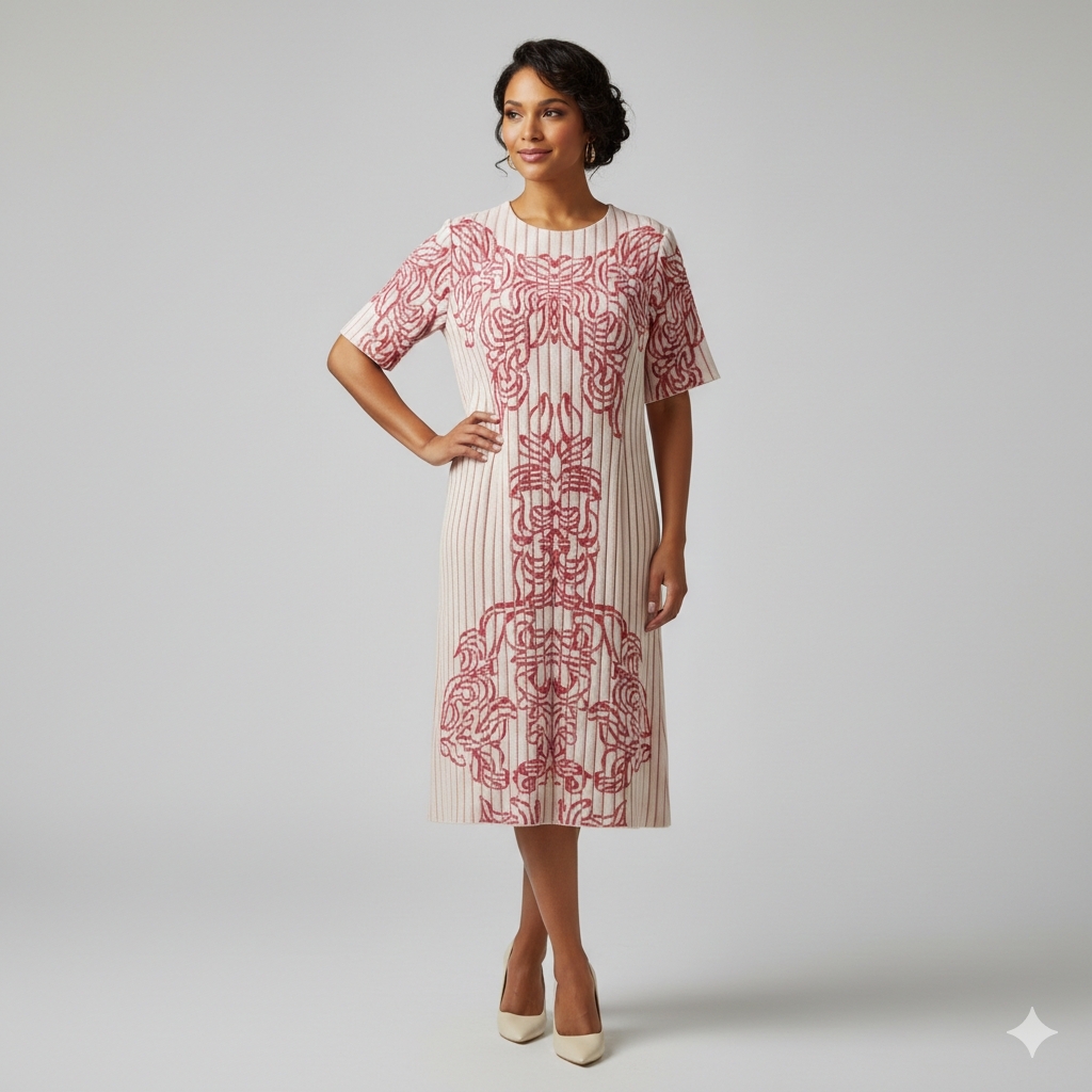 $265 Ming Wang Jacquard Knit Dress Pink And White Size Large Nwt